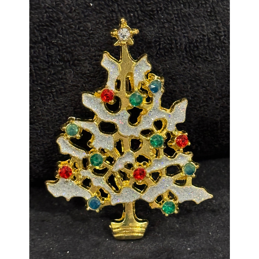 Vintage Christmas Tree Pin Gold Tone with Rhinestones Holiday Brooch CP119