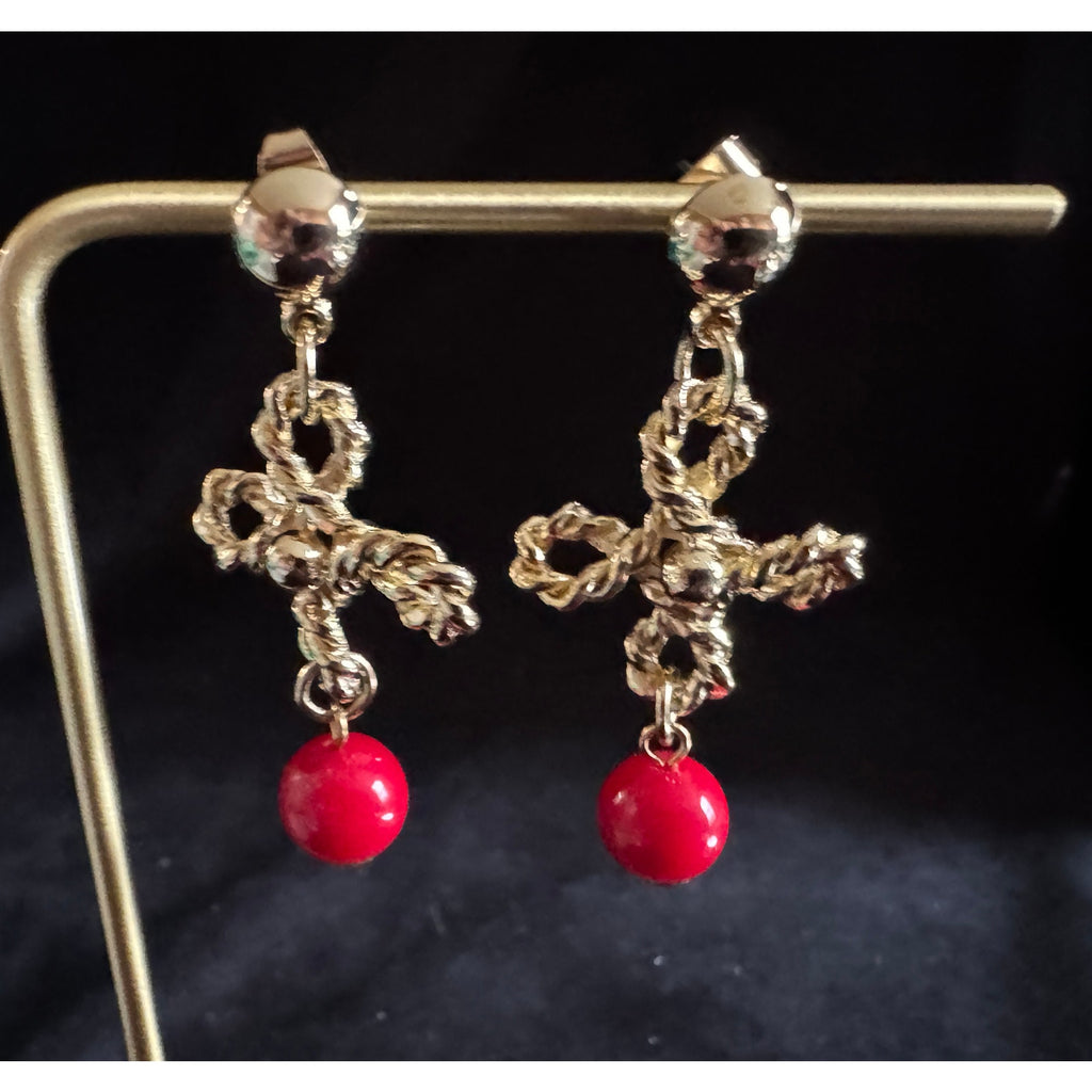 Vintage 1.5” Gold Tone Red Bead Dangle Earrings Twisted Knot Design E98