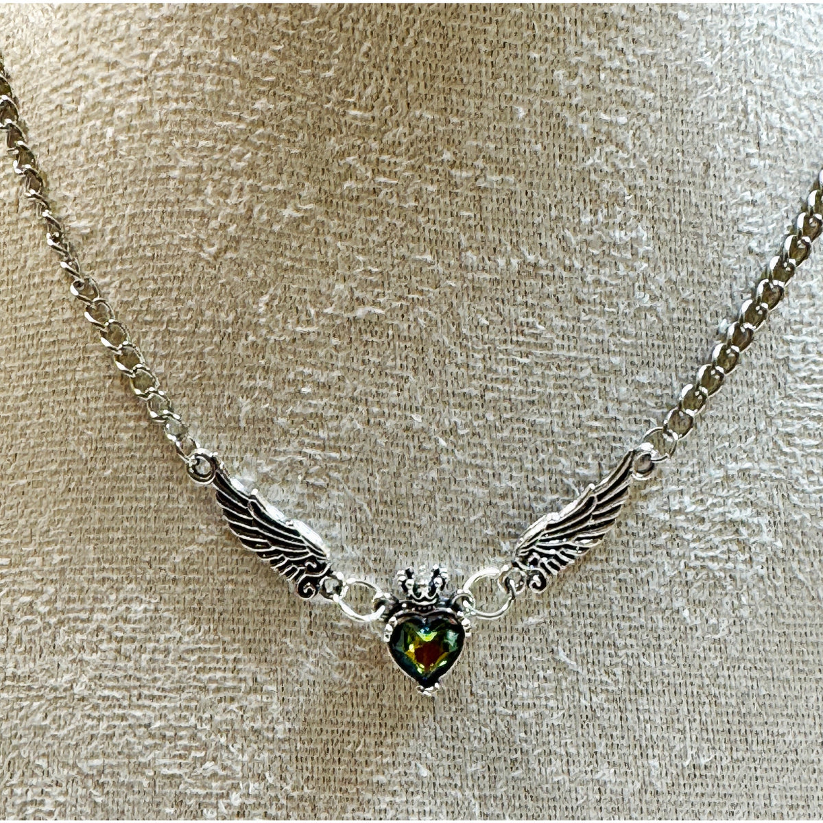 Silver Winged Heart Necklace Mystic Topaz Crystal 22-24" Fantasy Necklace N362