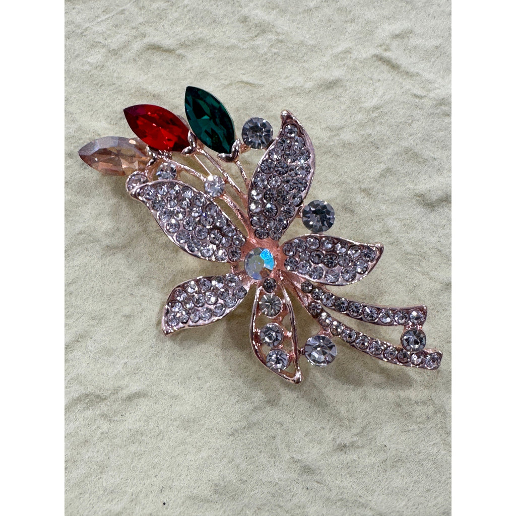 Vintage  Mid-Century Rhinestone Flower Leaf Brooch with Red Green Marquise CP27