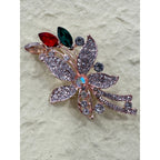 Vintage  Mid-Century Rhinestone Flower Leaf Brooch with Red Green Marquise CP27