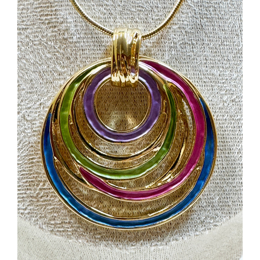 Modern Multicolor Circle Pendant Necklace Gold Tone Enamel  16-19" N364