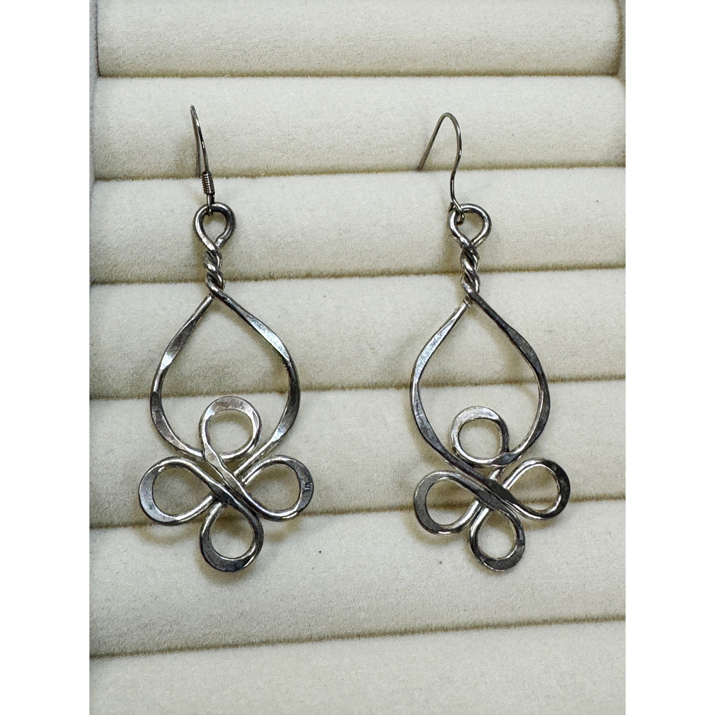 Silver Tone Openwork Drop Dangle Earrings Abstract Swirl 2" Boho Pre-Loved E512