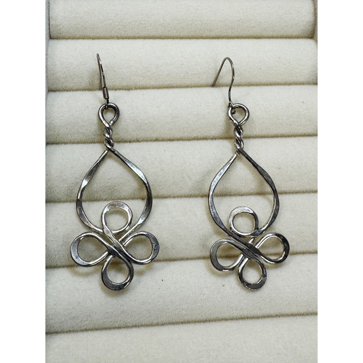 Silver Tone Openwork Drop Dangle Earrings Abstract Swirl 2" Boho Pre-Loved E512