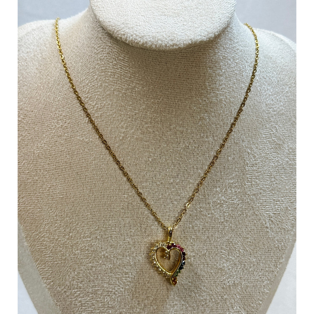 Vintage Heart Rhinestone Necklace Rainbow Crystal Pendant 18" Gold Chain N432