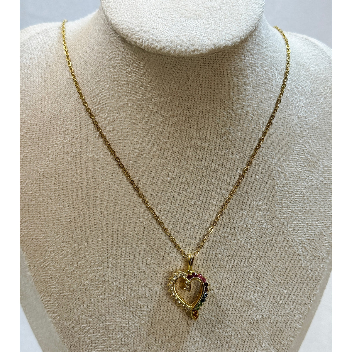 Vintage Heart Rhinestone Necklace Rainbow Crystal Pendant 18" Gold Chain N432