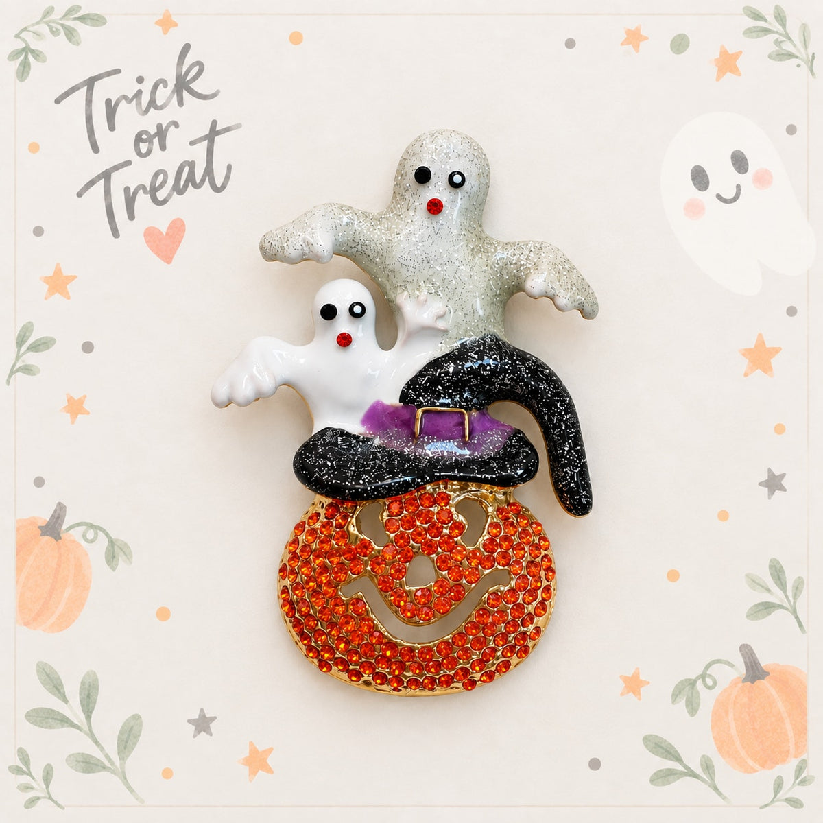 Halloween Ghost Pumpkin Brooch Rhinestone Witch Hat Gold Tone Spooky Pin CP222