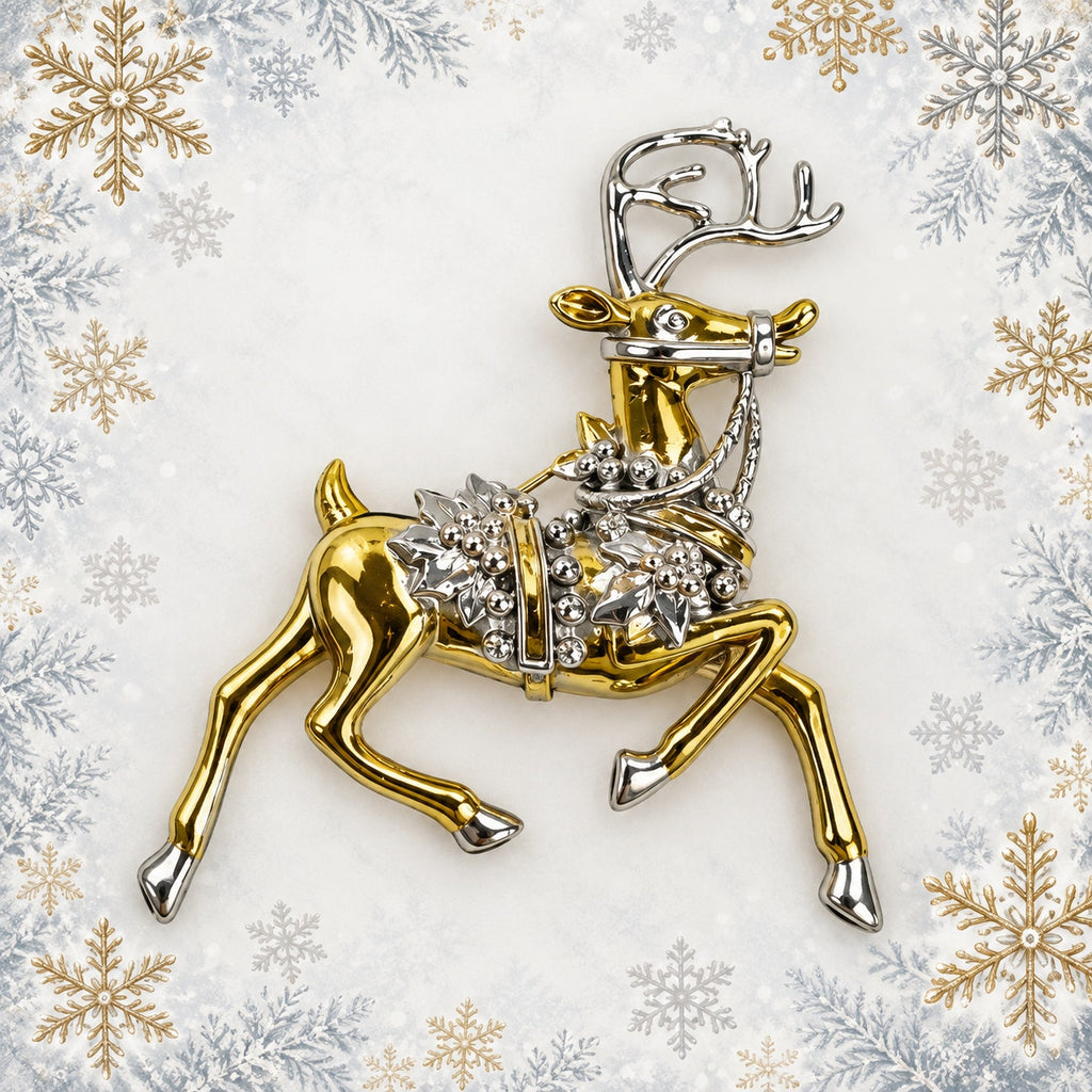 Reindeer Christmas Brooch Gold Silver Tone Holly Elegant Holiday Deer Pin CP179