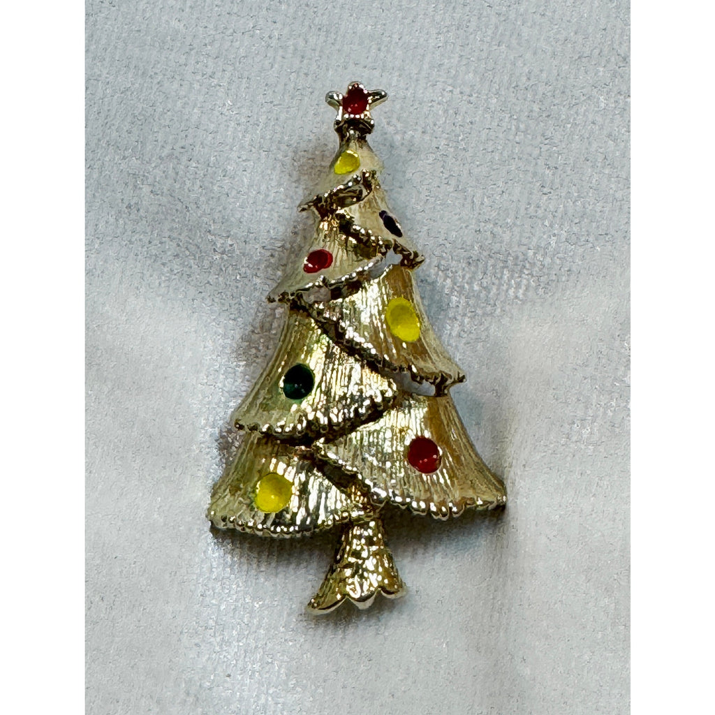 Vintage Christmas Tree Brooch Pin Gold Tone Enamel Holiday Jewelry 2 Inch CP191