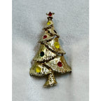 Vintage Christmas Tree Brooch Pin Gold Tone Enamel Holiday Jewelry 2 Inch CP191
