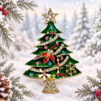 Christmas Tree Brooch Green Enamel Rhinestone Gold Tone Holiday Jewelry CP267