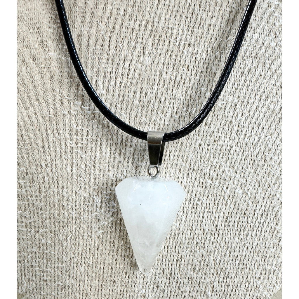 White Stone Point Pendant Necklace 24" Black Cord Boho Healing Gift N536