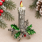 Vintage Christmas Candle Brooch Enamel Holly Silver Tone Rhinestone Pin CP270
