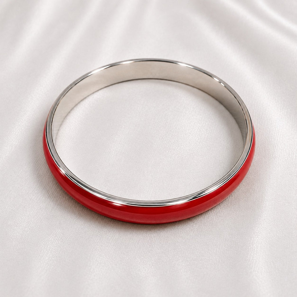 Red Enamel Bangle Bracelet Silver Tone 2.5 Inch Classic Retro Jewelry B175