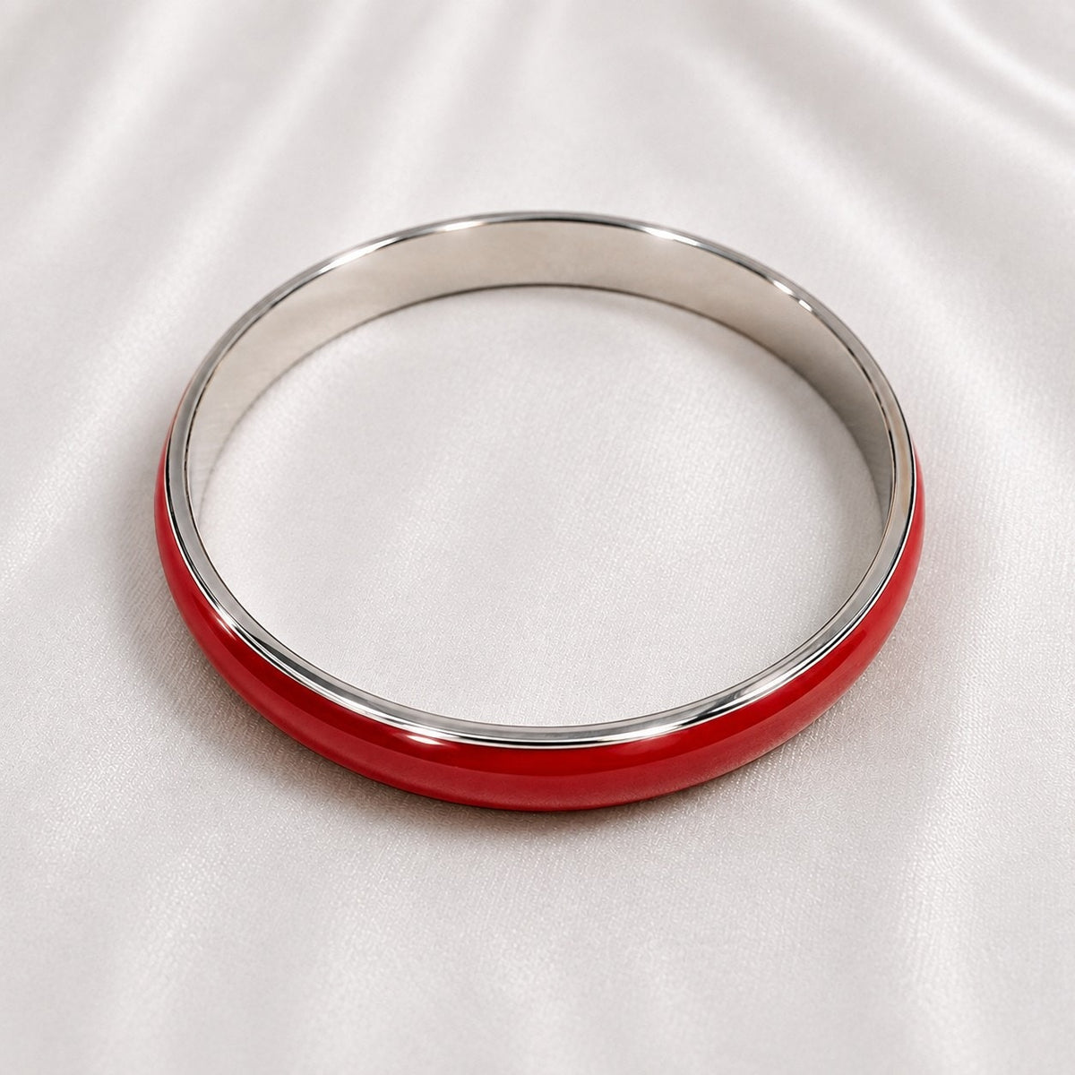 Red Enamel Bangle Bracelet Silver Tone 2.5 Inch Classic Retro Jewelry B175
