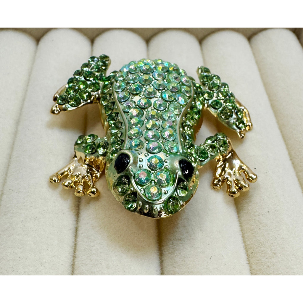 Green Rhinestone Frog Brooch Pin Gold Tone Crystal Animal 2" New CP186