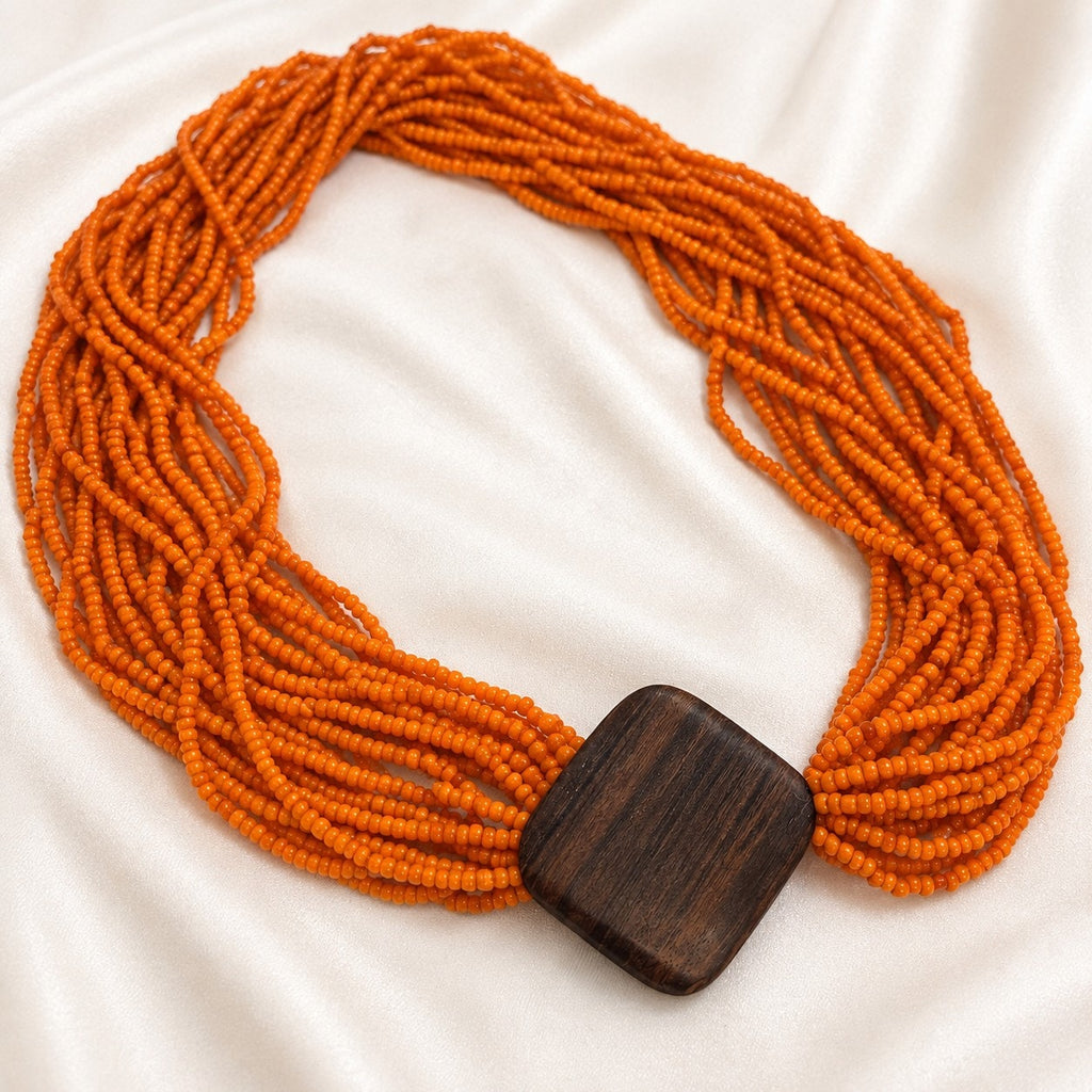 Orange Multi Strand Beaded Necklace Wood Accent 30 Inch Statement N644