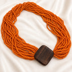 Orange Multi Strand Beaded Necklace Wood Accent 30 Inch Statement N644