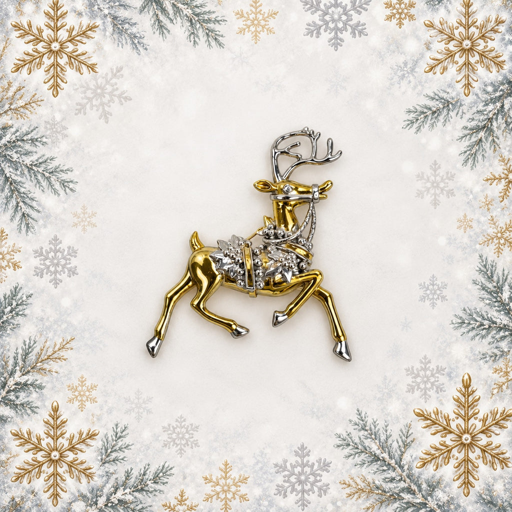 Reindeer Christmas Brooch Gold Silver Tone Holly Elegant Holiday Deer Pin CP179
