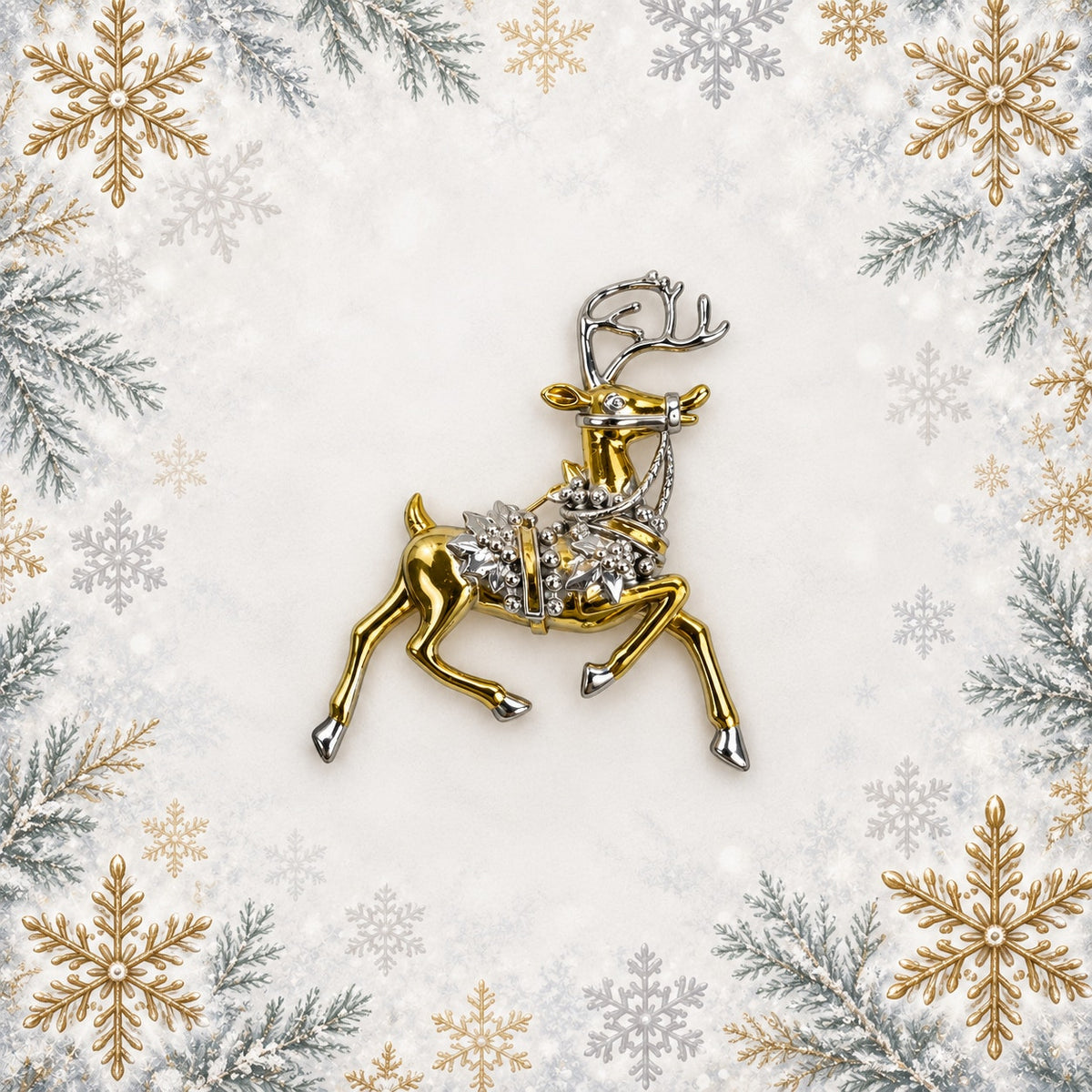 Reindeer Christmas Brooch Gold Silver Tone Holly Elegant Holiday Deer Pin CP179