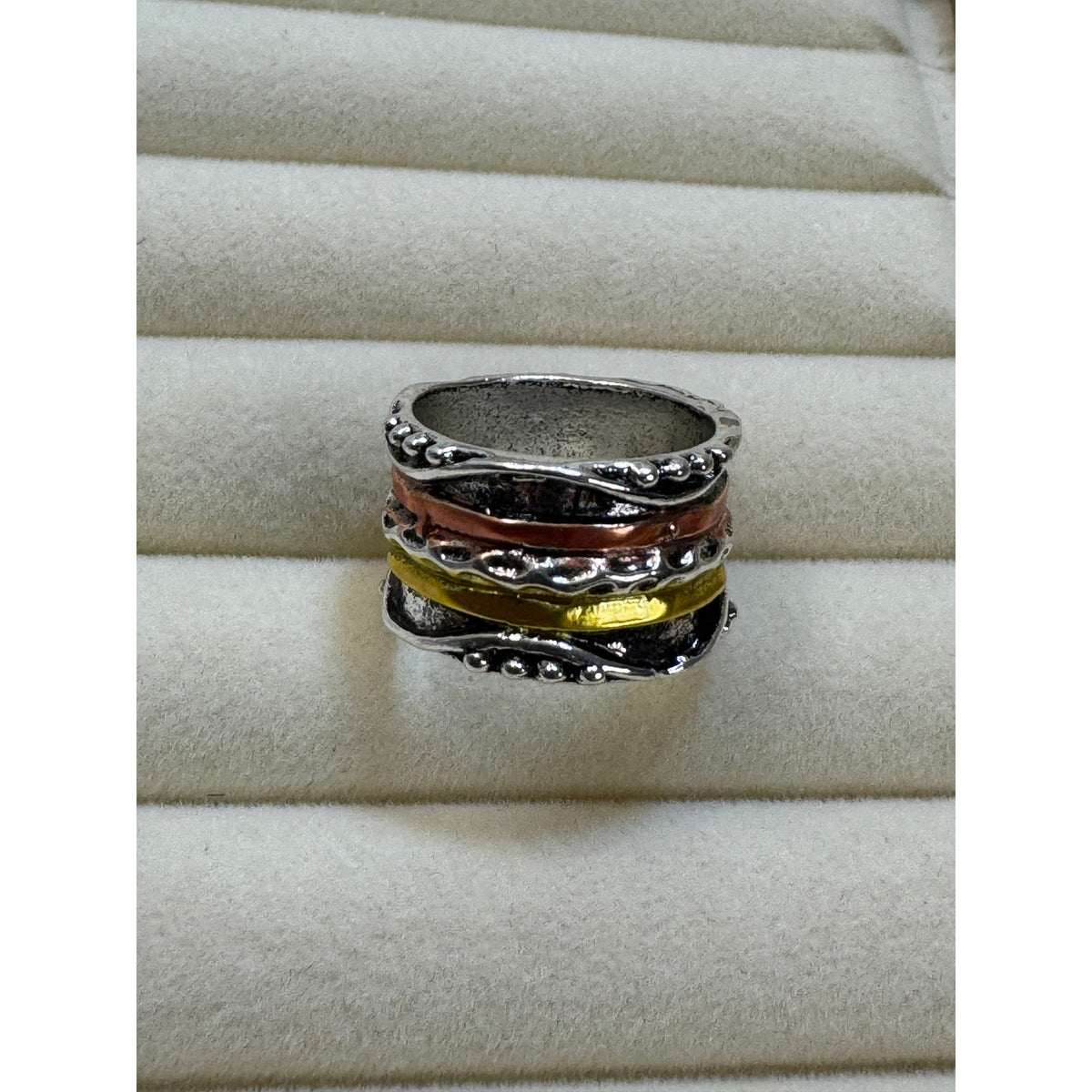 Size 8 Boho Wide Band Ring Silver Gold Copper Textured Statement Ring 1/2" B006