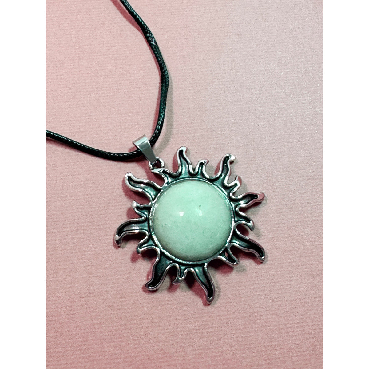 Pea Green Sun Pendant Necklace Celestial 2" Pendant 16-18" Cord N301