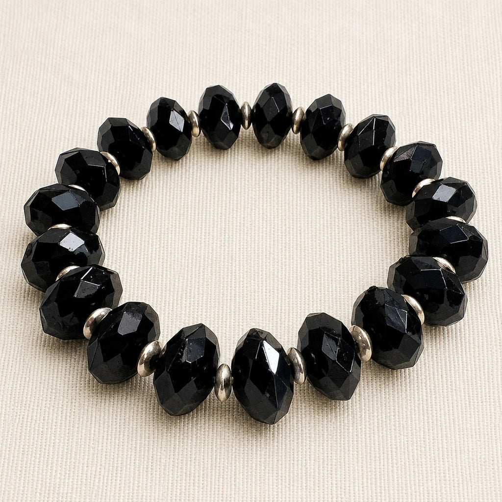 Black Faceted Bead Stretch Bracelet Silver Tone Spacers Elegant Jewelry B171