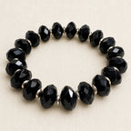 Black Faceted Bead Stretch Bracelet Silver Tone Spacers Elegant Jewelry B171