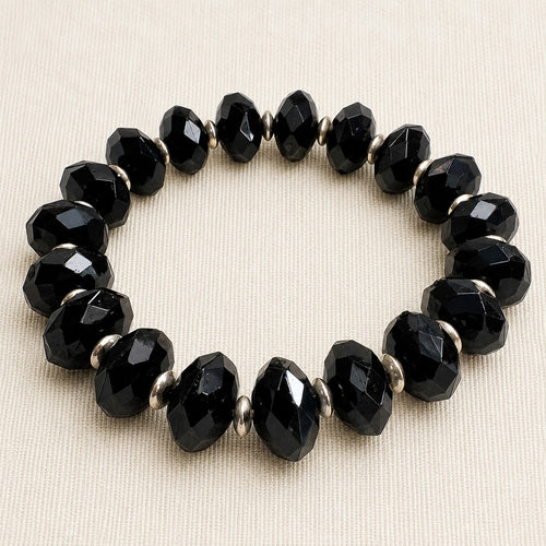 Black Faceted Bead Stretch Bracelet Silver Tone Spacers Elegant Jewelry B171