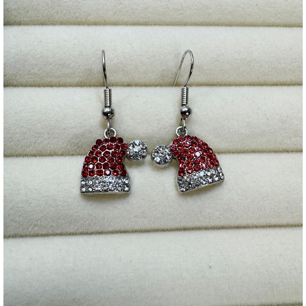 New Christmas Santa Hat Rhinestone Dangle Earrings Red White Holiday 1 Inch E494