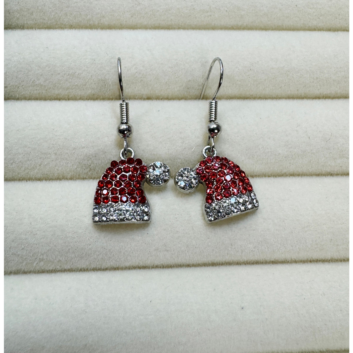 New Christmas Santa Hat Rhinestone Dangle Earrings Red White Holiday 1 Inch E494