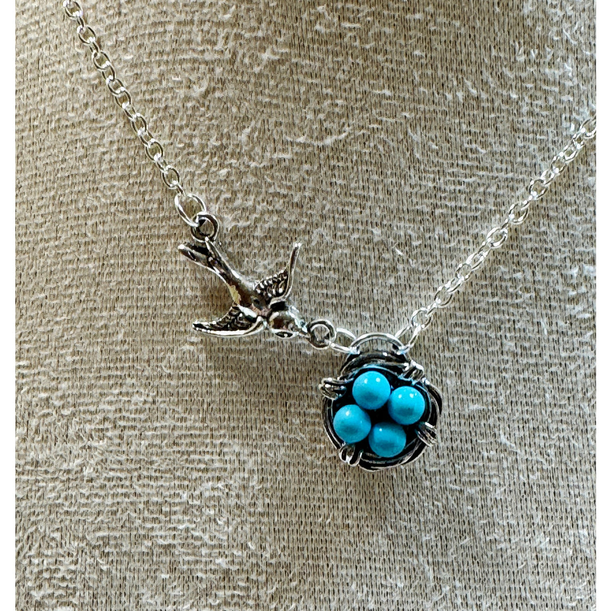 Bird Nest Necklace Turquoise Blue Eggs Silver Tone Swallow 18-20 Inch Chain N374