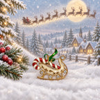 Vintage Gold Tone Christmas Sleigh Brooch Green Enamel Holiday Pin Jewelry CP257
