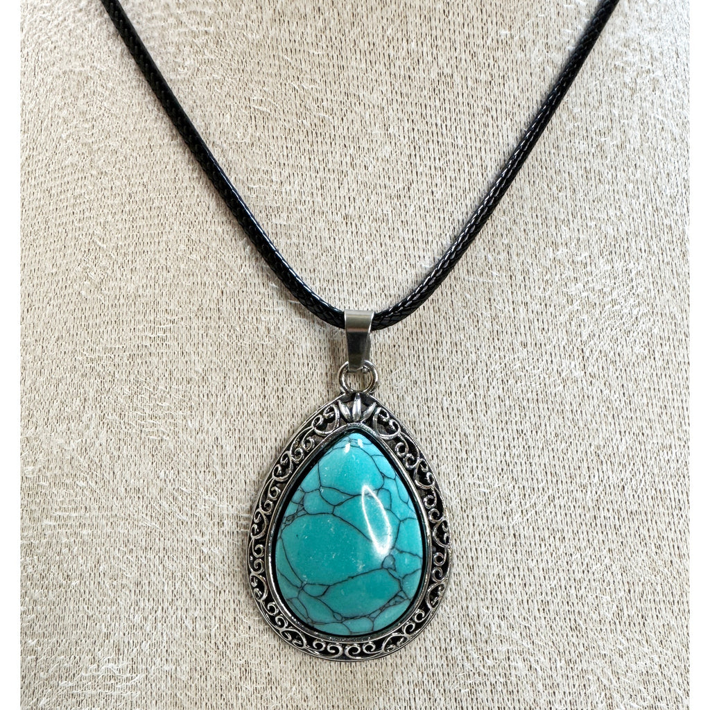 Faux Turquoise Teardrop Pendant Necklace 24 Inch Black Cord Southwestern N523
