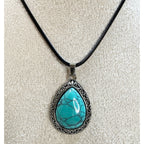 Faux Turquoise Teardrop Pendant Necklace 24 Inch Black Cord Southwestern N523
