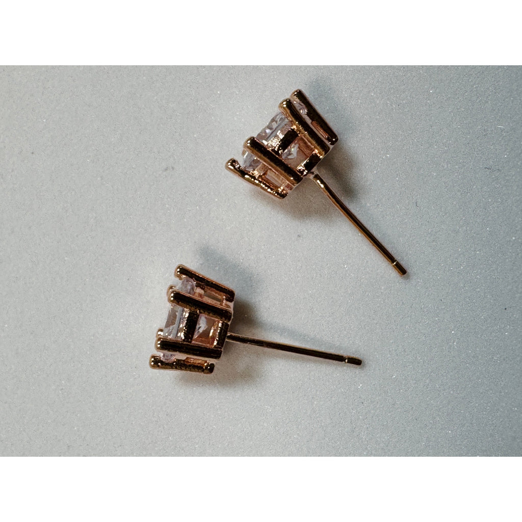 Rose Gold Faux Diamond Stud Earrings 3/8 Inch Round Solitaire Crystal Posts C302