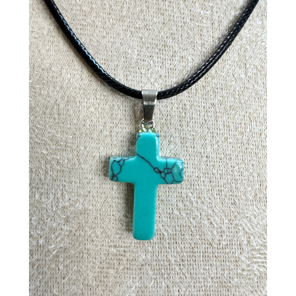 FauxTurquoise Cross Pendant Necklace 24" Black Cord Christian Gift Boho N530