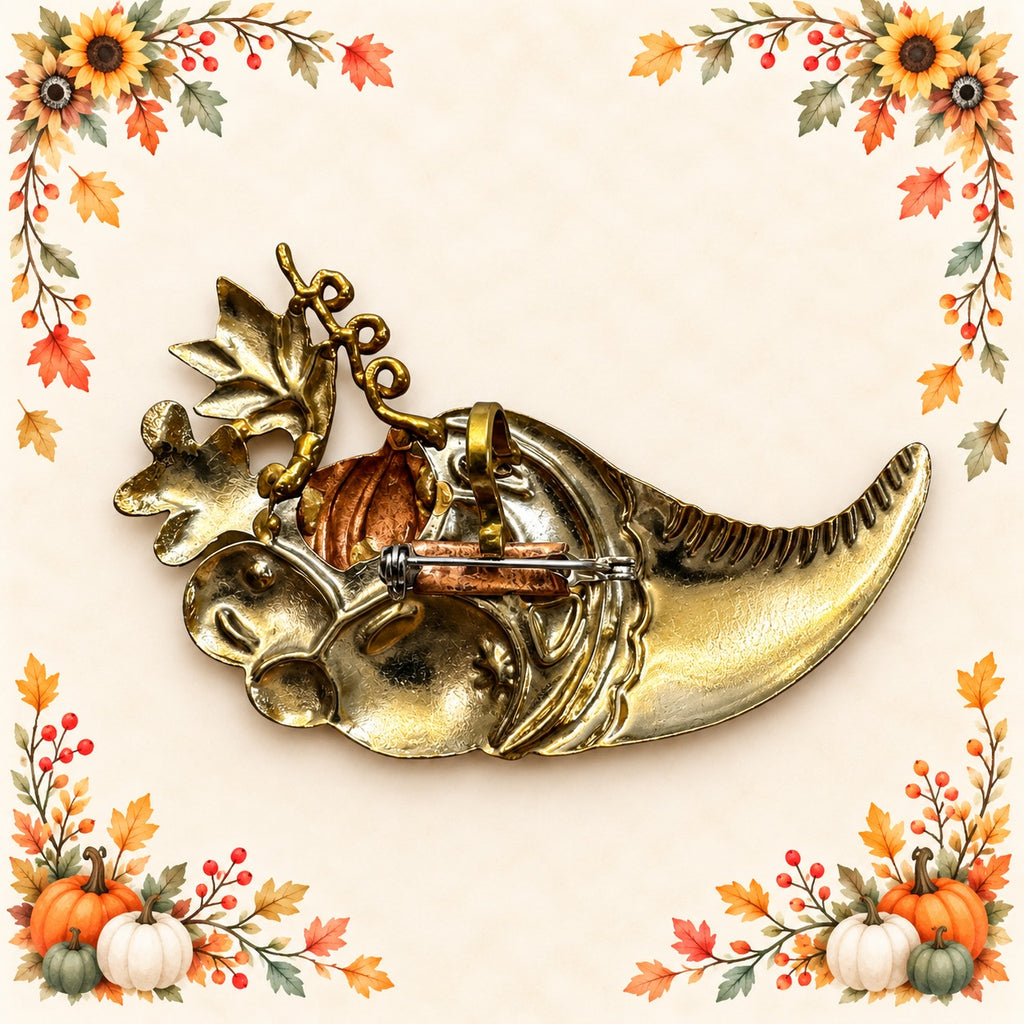 Gold Tone Cornucopia Brooch Copper Pumpkin Fall Harvest Thanksgiving Pin CP211