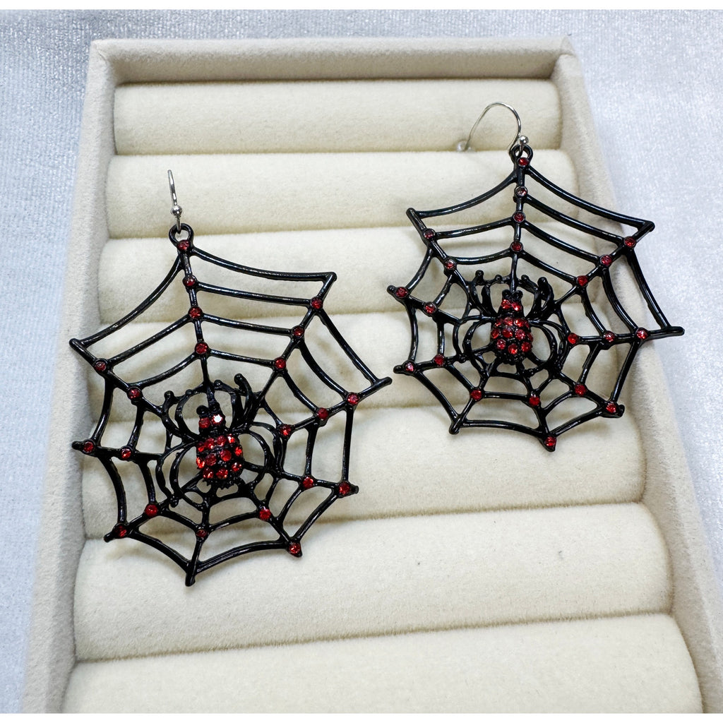Halloween Spider Web Earrings Black Red Rhinestone Spider Gothic 2" x 2" E493