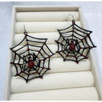 Halloween Spider Web Earrings Black Red Rhinestone Spider Gothic 2" x 2" E493