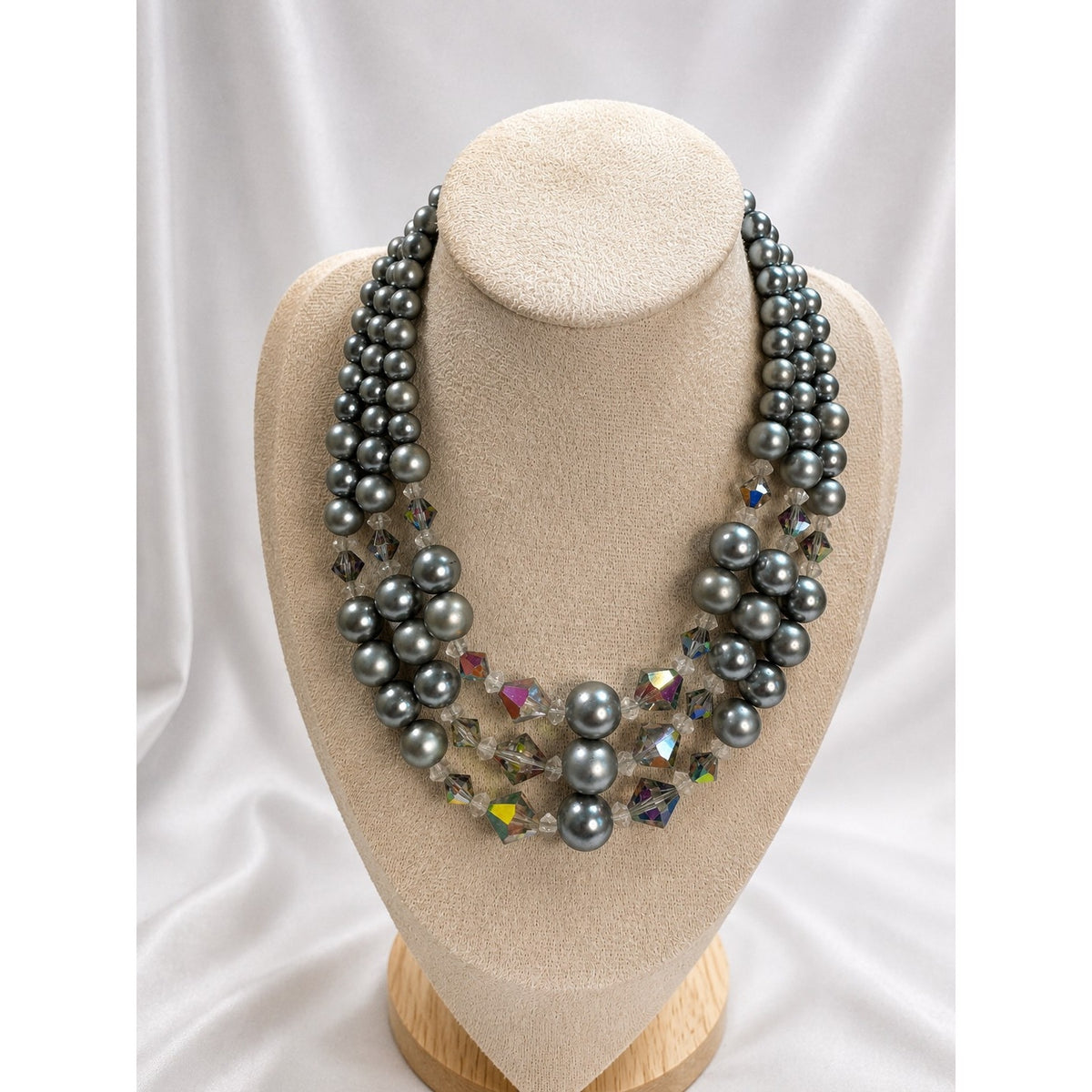 Silver Gray Faux Pearl Crystal Multi Strand Statement Necklace N643