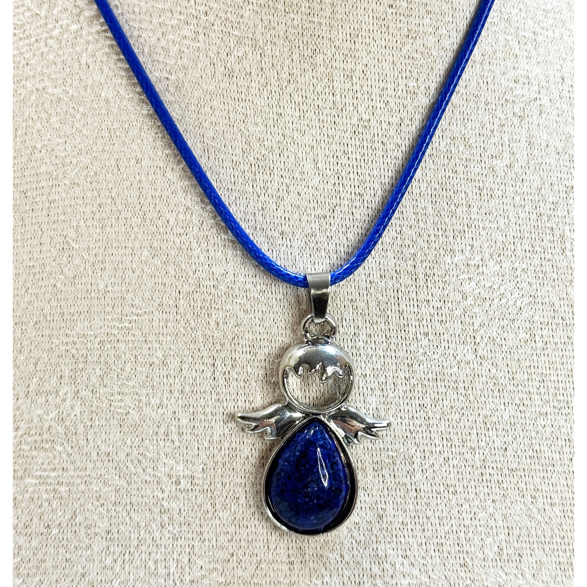 Blue Angel Pendant Necklace Silver Tone on 24" Blue Cord 1.5" N532