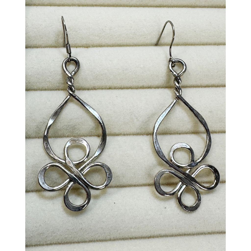 Silver Tone Openwork Drop Dangle Earrings Abstract Swirl 2" Boho Pre-Loved E512