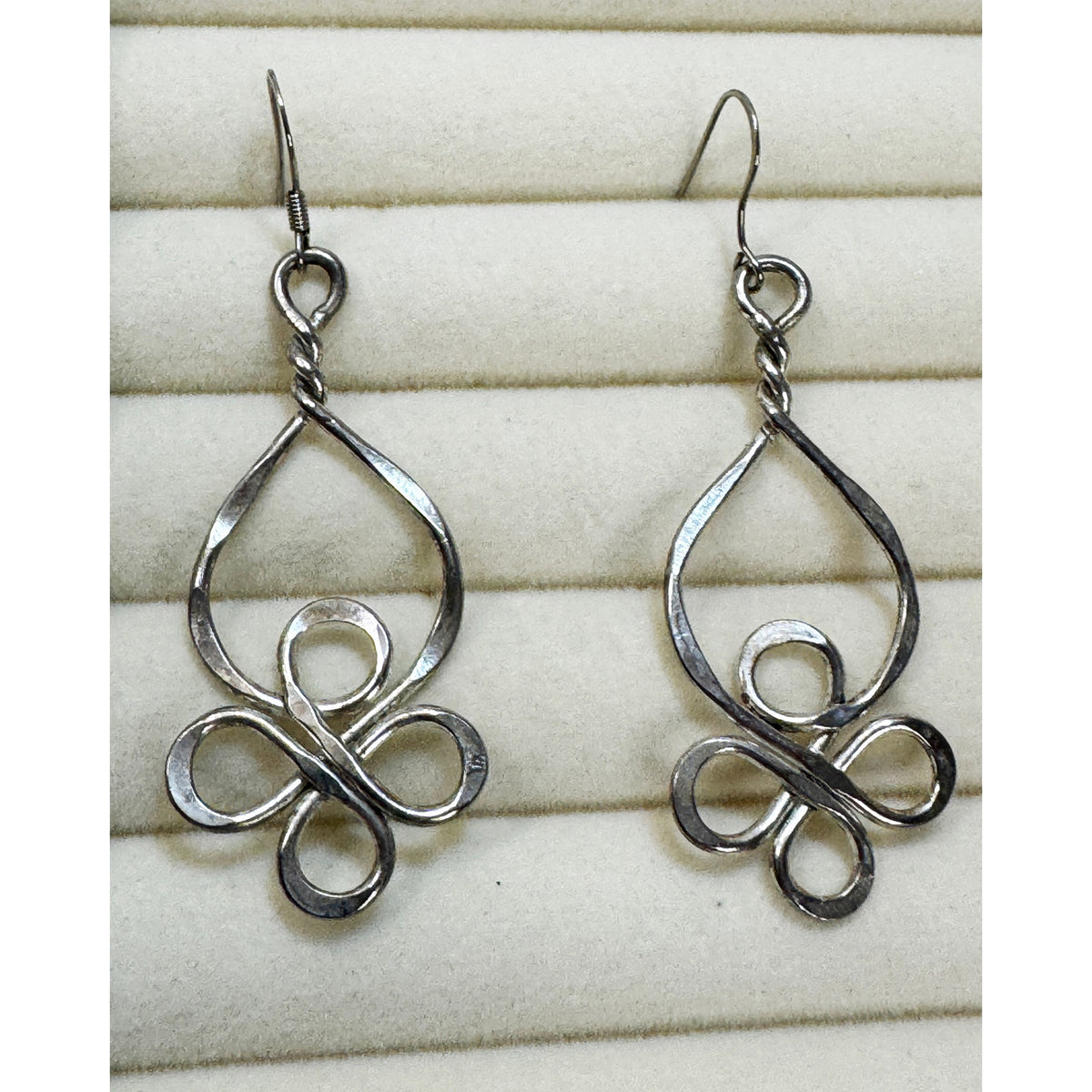 Silver Tone Openwork Drop Dangle Earrings Abstract Swirl 2" Boho Pre-Loved E512