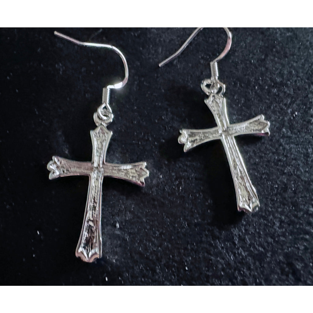 New Silver Tone Cross Dangle Earrings 1.5"  E86