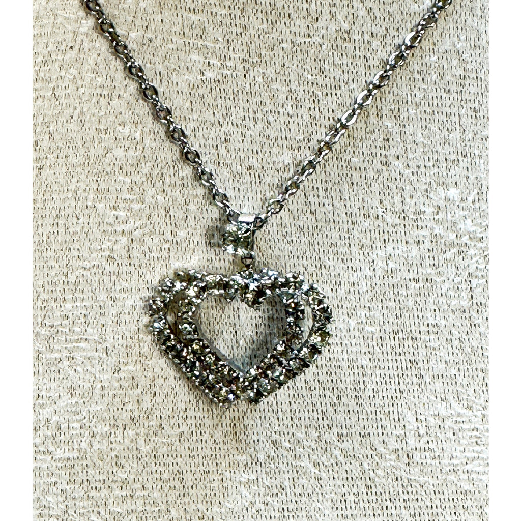 Vintage Double Heart Rhinestone Pendant Necklace Silver Tone 20" Chain N453