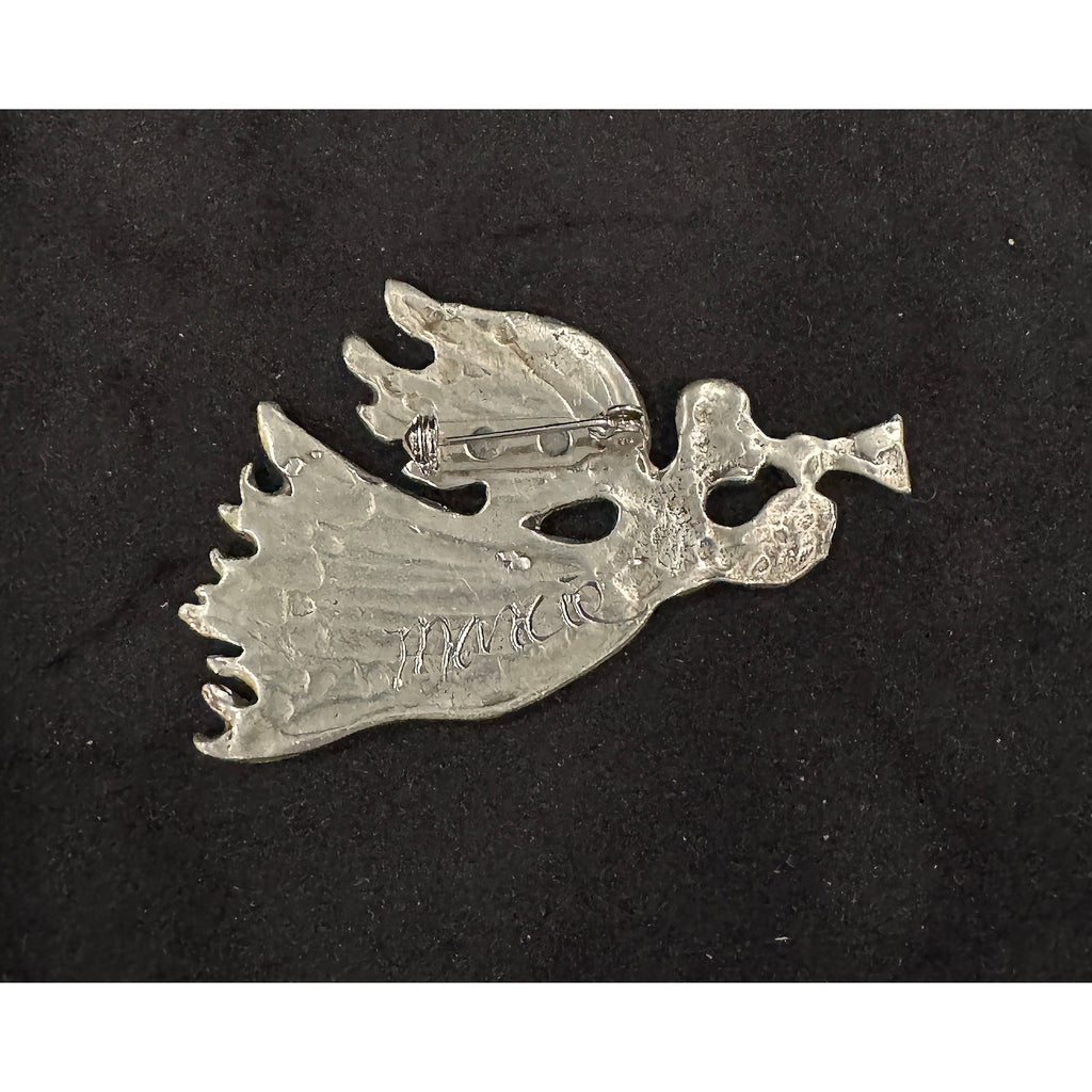 Mid-Century Silver Angel Brooch Pin — Figure with Trumpet, 1.5″ × 2.5″ CP115