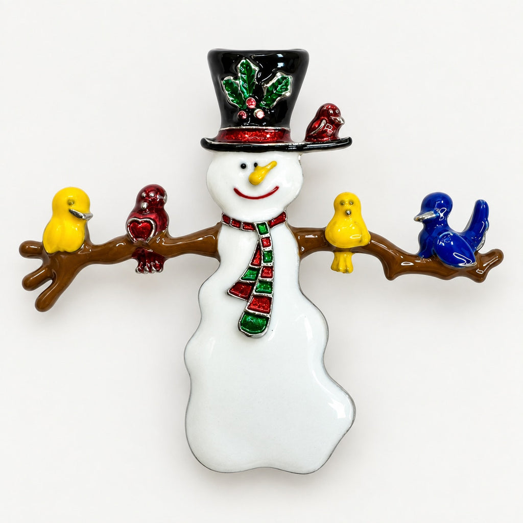 Snowman Brooch Pin Birds on Branch Rhinestone Christmas Holiday Jewelry CP175