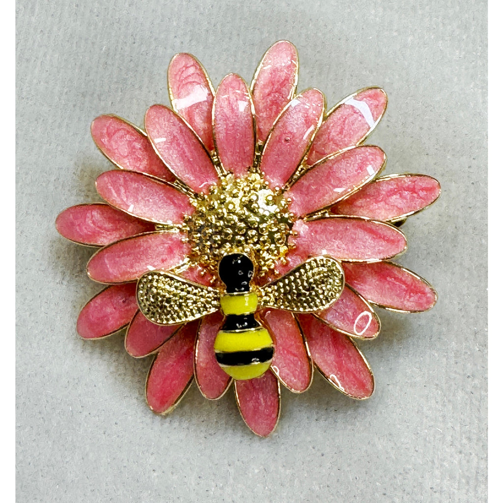 New Pink Enamel Daisy Bee Brooch Pin Gold Tone Floral Garden Spring 1.75" CP197
