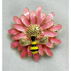 New Pink Enamel Daisy Bee Brooch Pin Gold Tone Floral Garden Spring 1.75" CP197